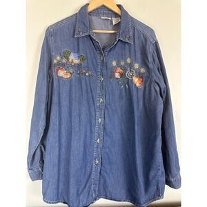 Bobbie Brooks Woman Denim Shirt 18W 20W Embroidered Cottagecore Pumpkins Harvest